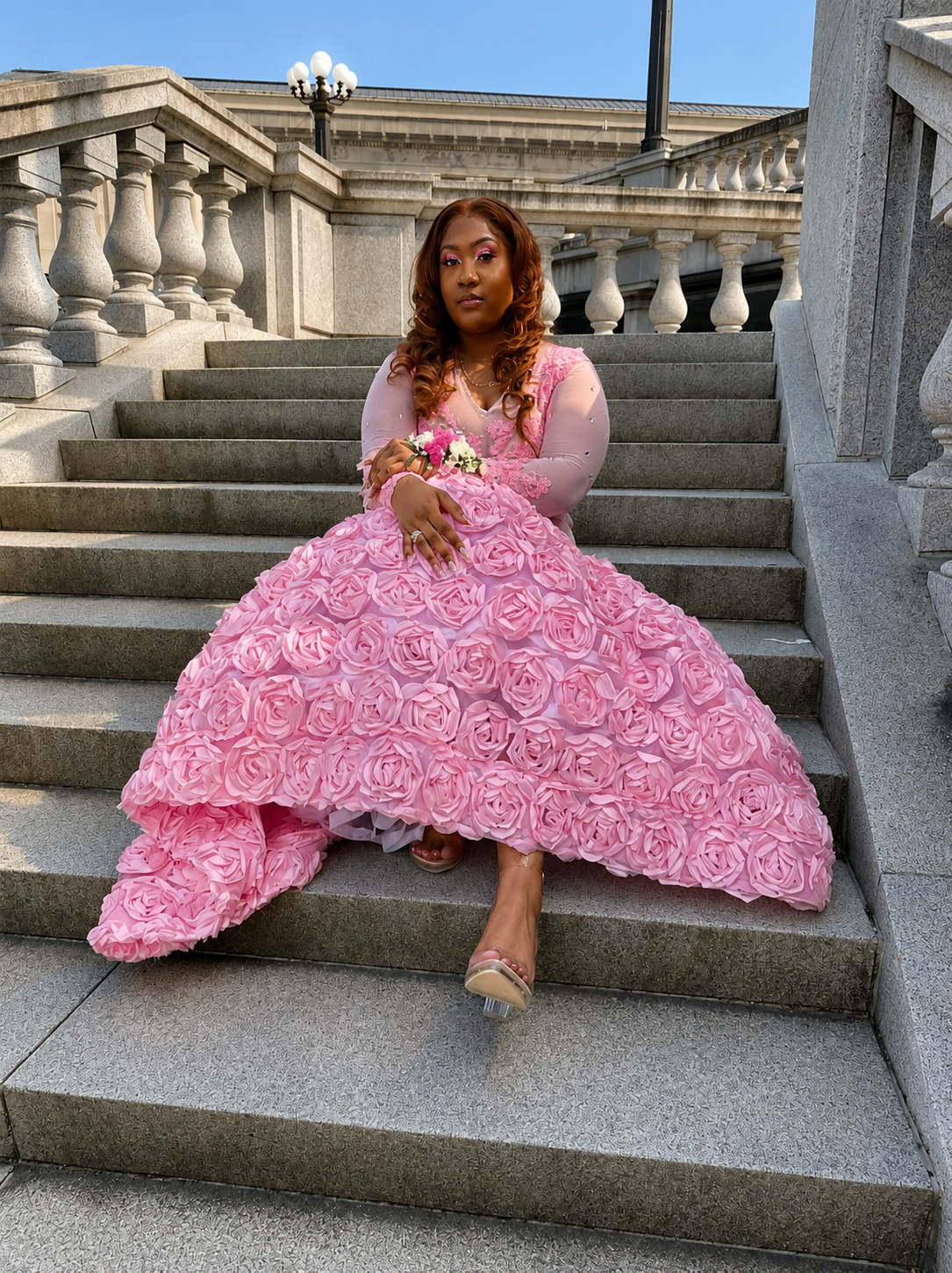 Pink rosette ballgown on capitol steps