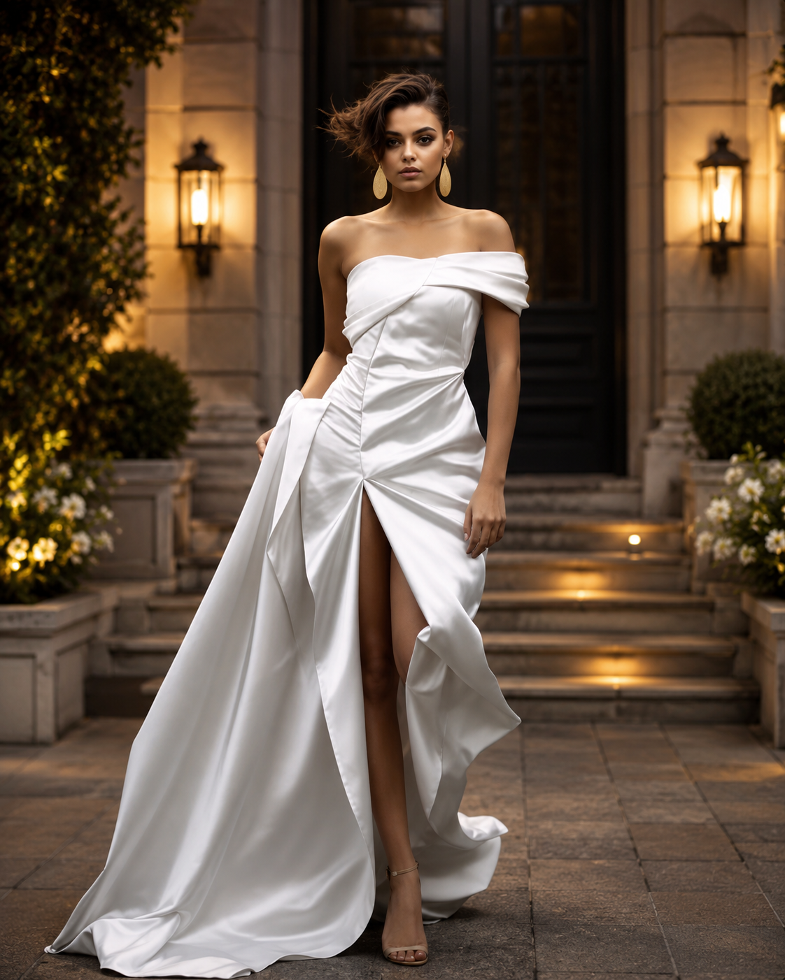 Off-shoulder satin gown with high slit