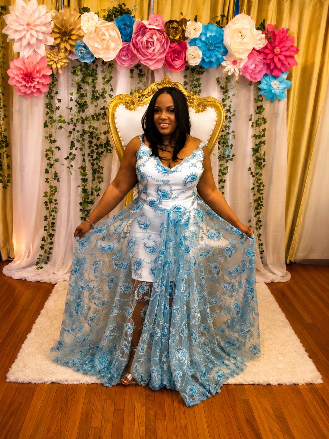 Blue embroidered custom gown with sheer overskirt