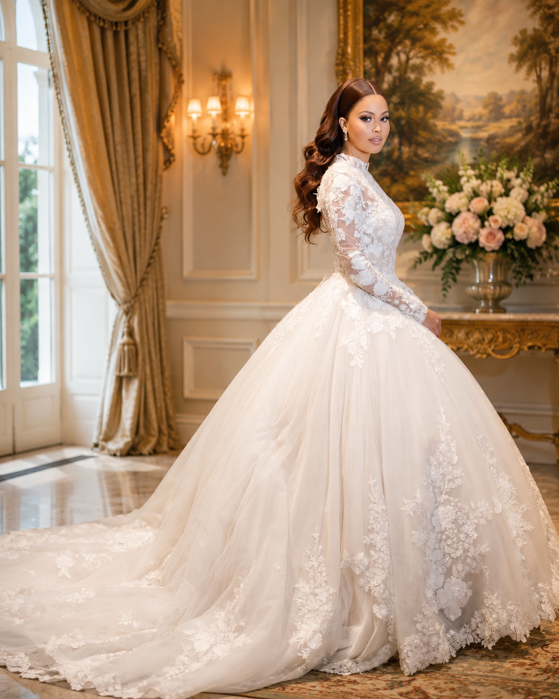 Lace ballgown with cathedral train