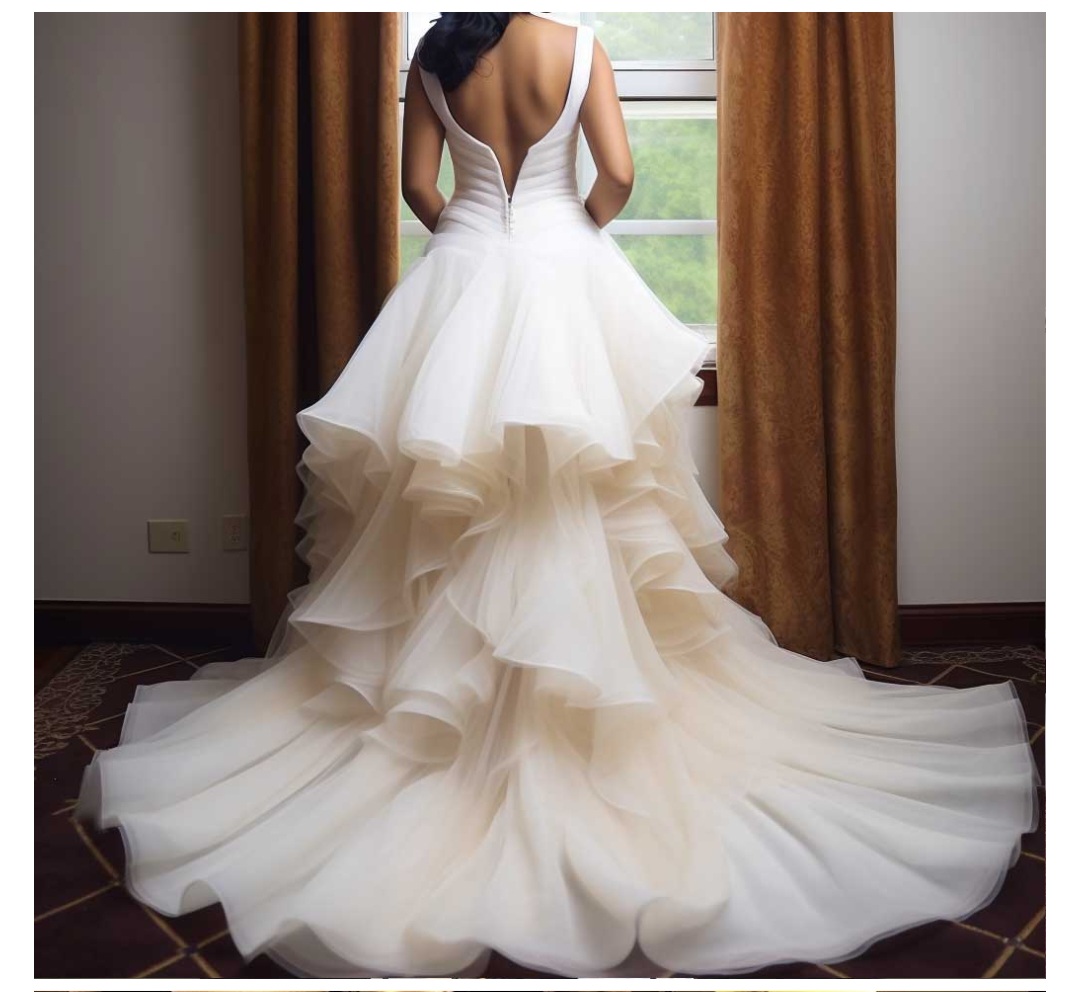 Open-back gown with tiered ruffle skirt