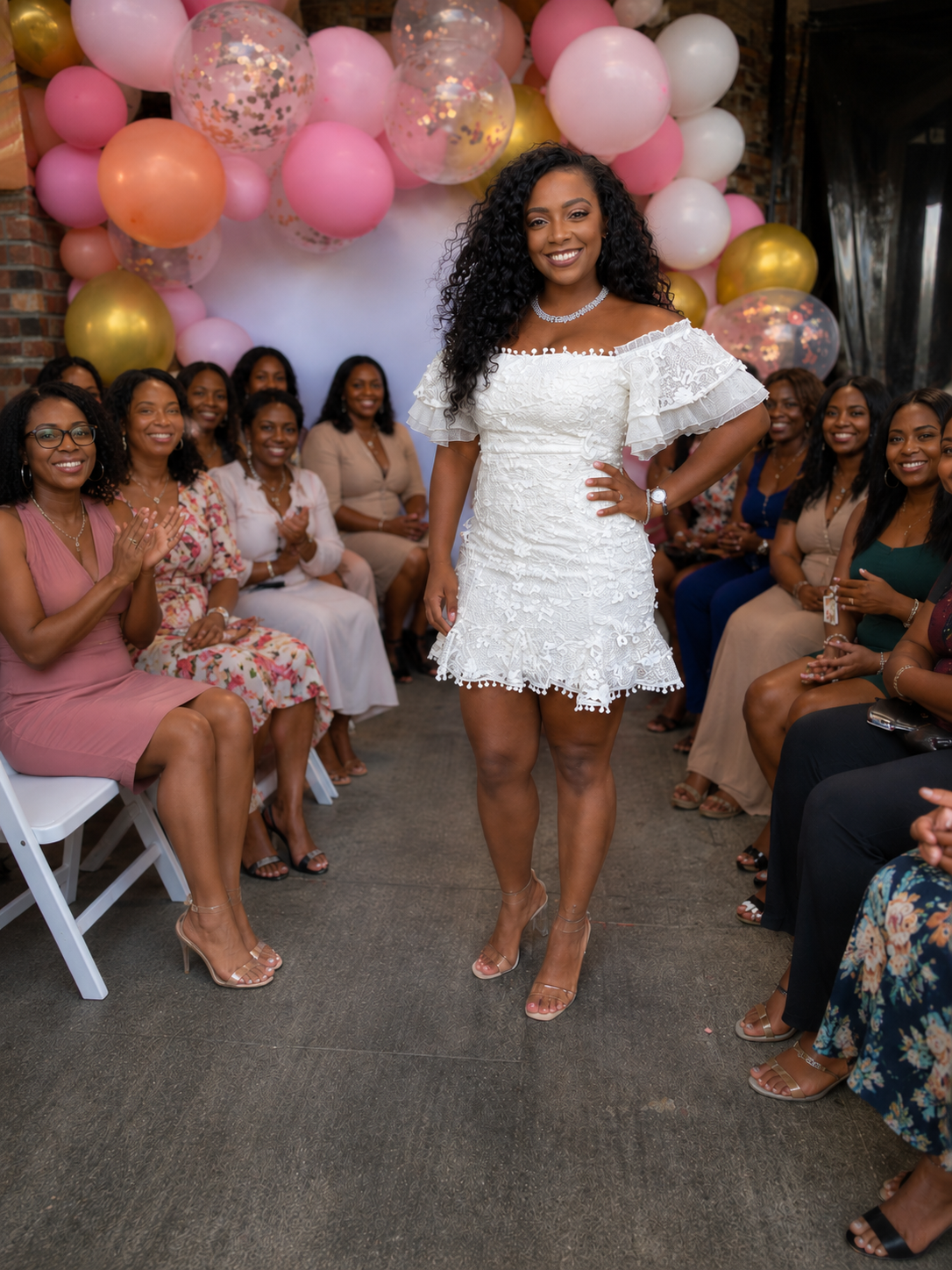 White lace cocktail dress at a fashion showcase
